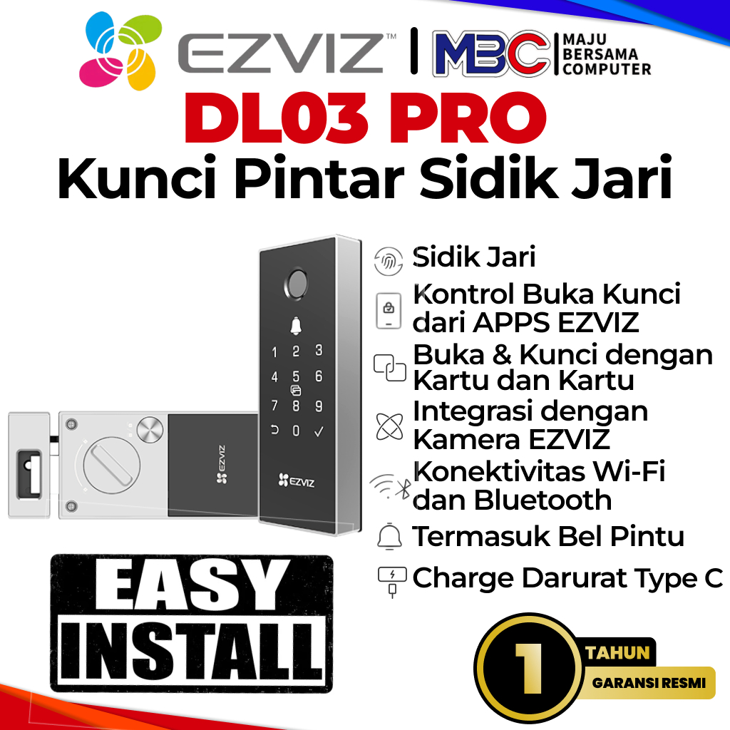 Ezviz Smart Lock DL03 PRO Kunci Pintu Sidik Jari Password Kartu Kunci Remote HP - Smart DoorLock Sma