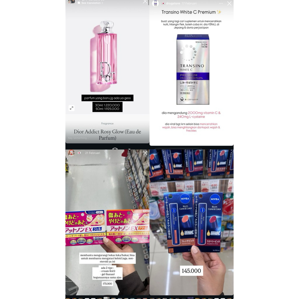 Parfum rosy glow 30ml, nivea lipbalm raspberry pink, transino isi 180, attonon ex cream, attonon ex 