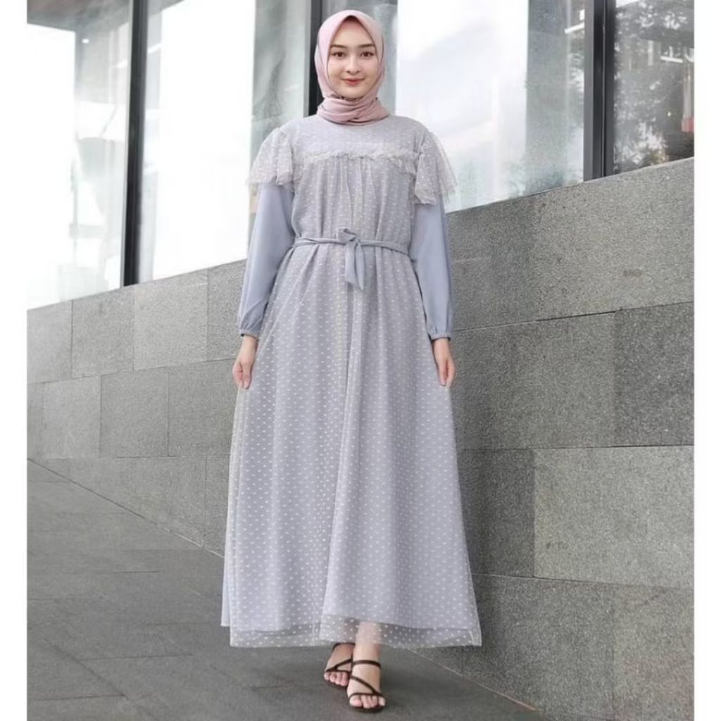 Gamis Organza Dotty Premium - Dress Muslim Pesta Tile Dot Brukat Mewah Murah