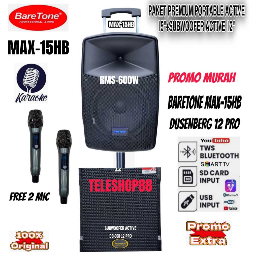 Paket Premium Outdoor Indoor Speaker Portable Baretone MAX15HB+ Subwoofer 12 Inch Original