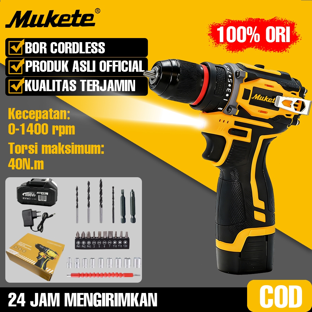 Mukete 1400R/MIN bor cordless 18V bor impact baterai bor batrai bor elektrik Multifunction