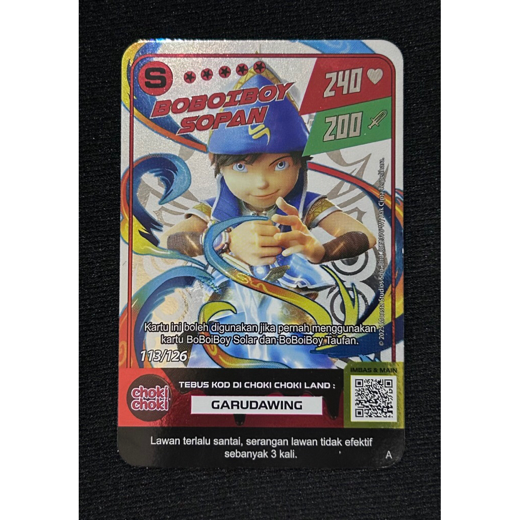 1(satu)pcs Kartu BOBOIBOY SOPAN 113/126 (S) HOLOGRAM Kartu Boboiboy Choki-Choki