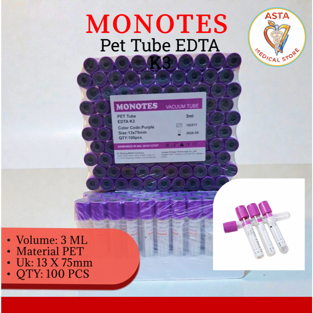 MONOTES Tabung Vacum Tube K3 EDTA 3 ml Pet/ Plastik 100 pcs Tutup Ungu