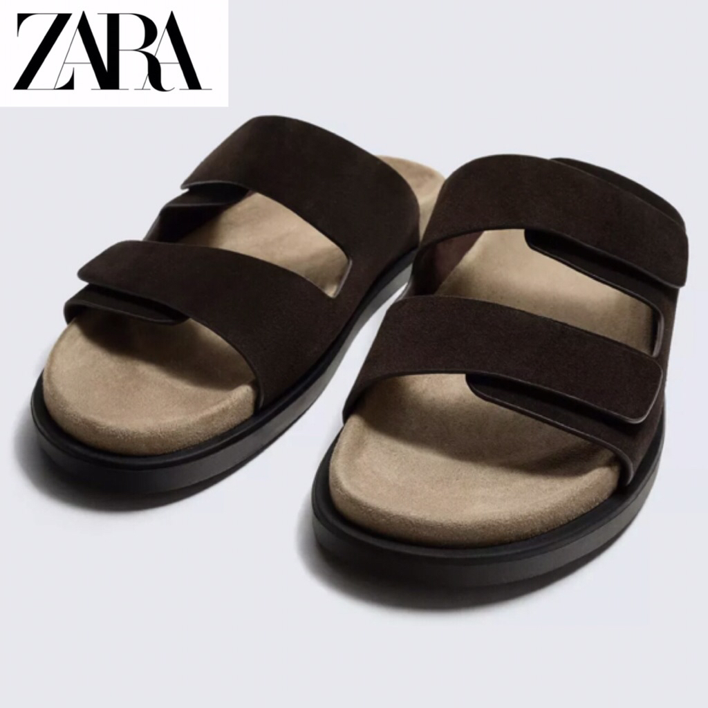 ZARA Men Sandal Double Strap Leather Sendal Pria Chocolate