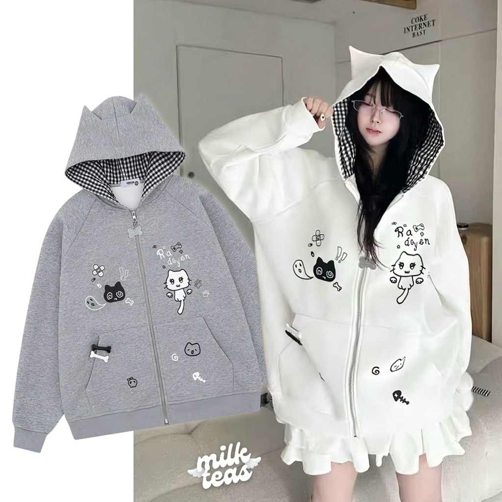 Cat Doodle Jacket | MILKTEAS | Jaket Kucing Bordir Doodle Emoji Kawaii Harajuku Y2K Aesthetic Japane