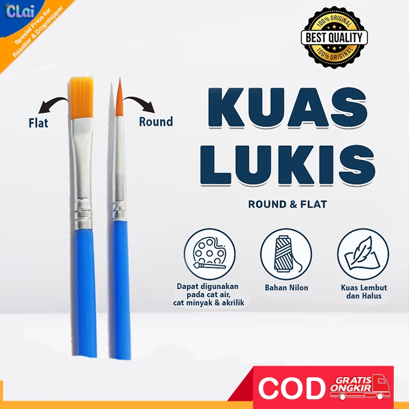 (clai) Kuas Lukis Cat Air Cet Minyak Akrilik Brush Flat Round Kecil Paint Brash Painting By Numbers 