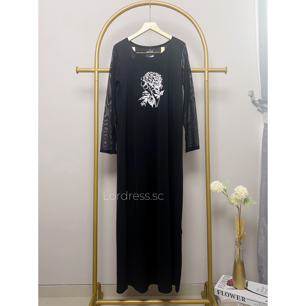 Preloved Long Maxi Dress Gaun Rock Gothic Kekinian Korean Style Lengan Panjang Hitam Black Flower Bu