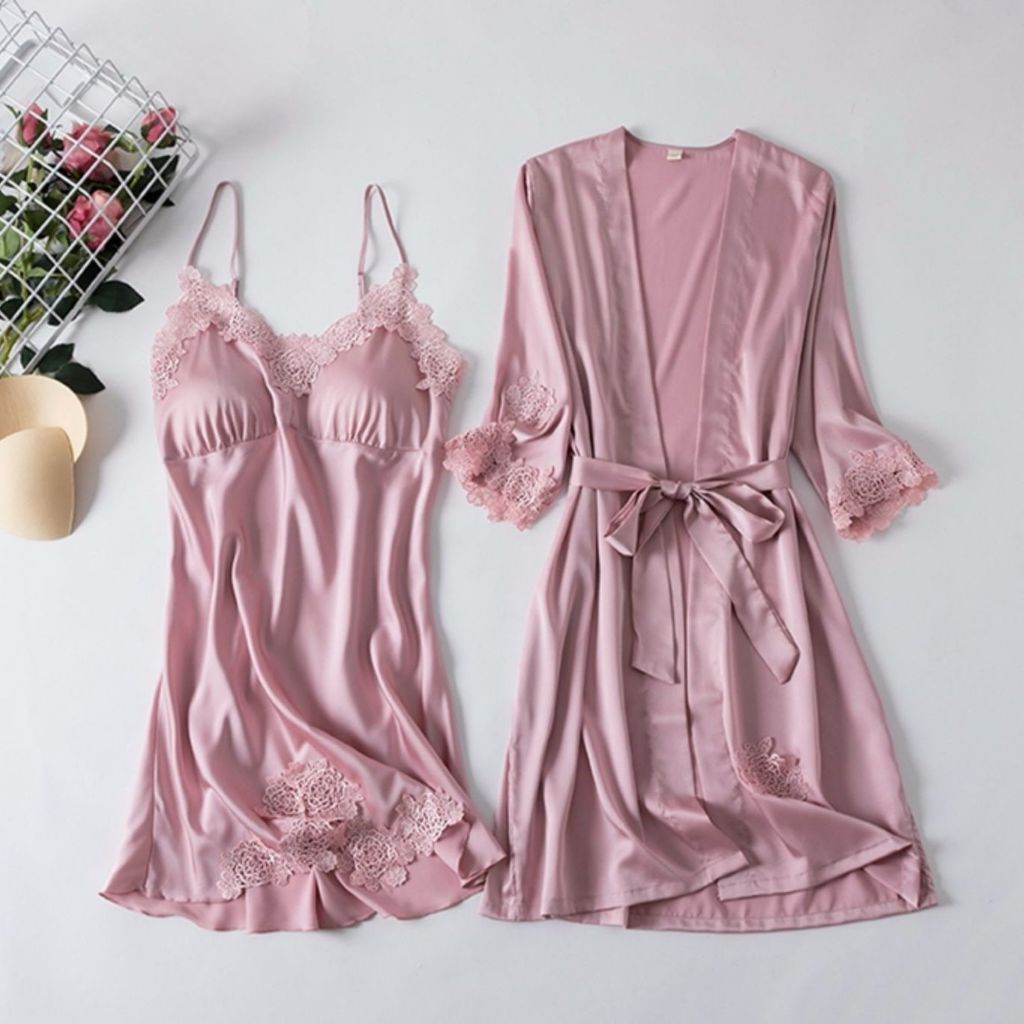 Piyama Dress Tidur Wanita Victoria Secret Ice Silk Kimono Dress Outer Lingerie Set 2 in 1 Sexy Hot