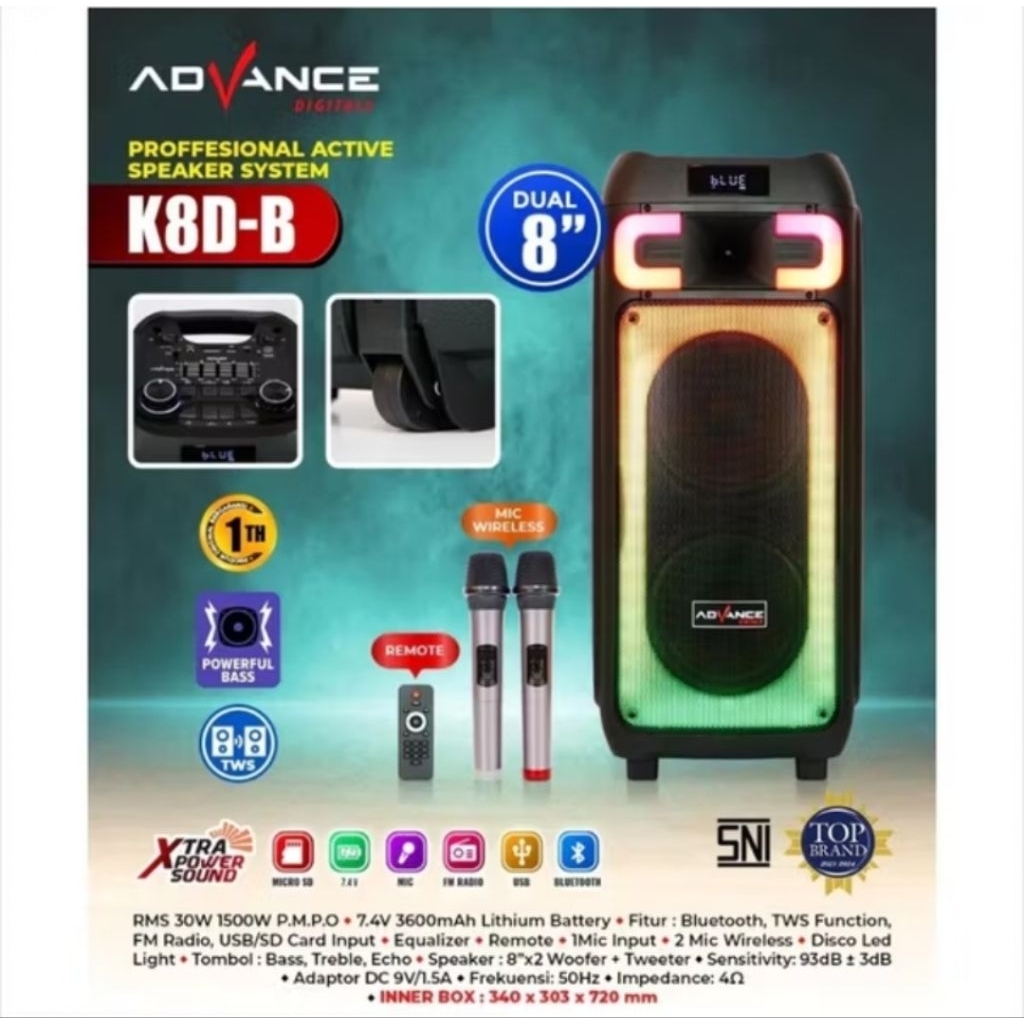 ADVANCE K8D-B Profesional Aktif Ganda 8" Plus 2 Mikrofon