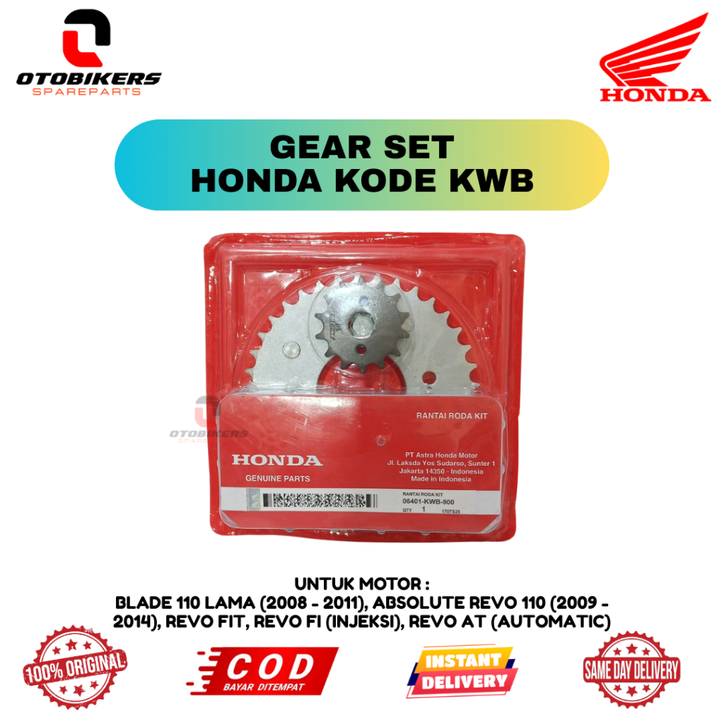 Gear Set Rantai Honda KWB Original untuk motor Blade 110 Lama (2008 - 2011), Absolute Revo 110 (2009