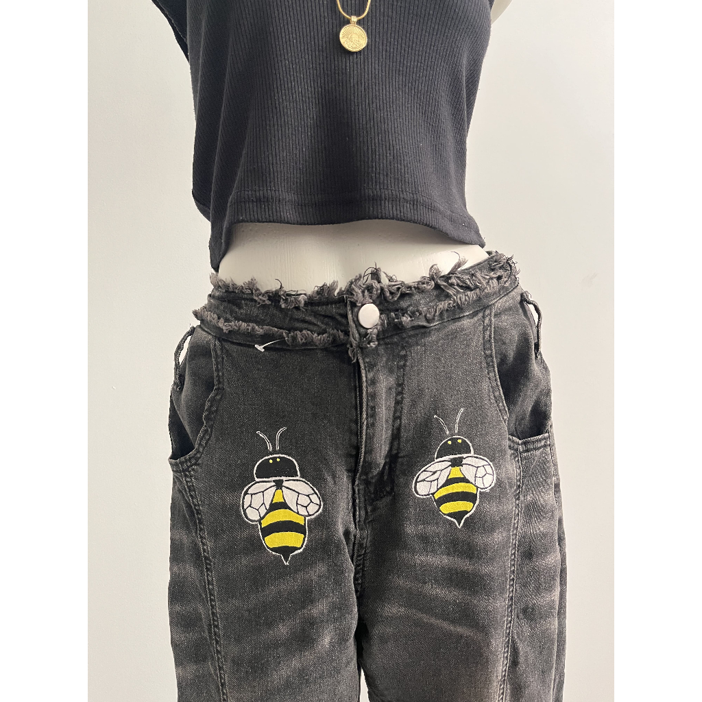 Hand-painted Bees on Denim Jeans | Celana Panjang Jeans Abu | Reworked Denim Jeans | Reworked Pants