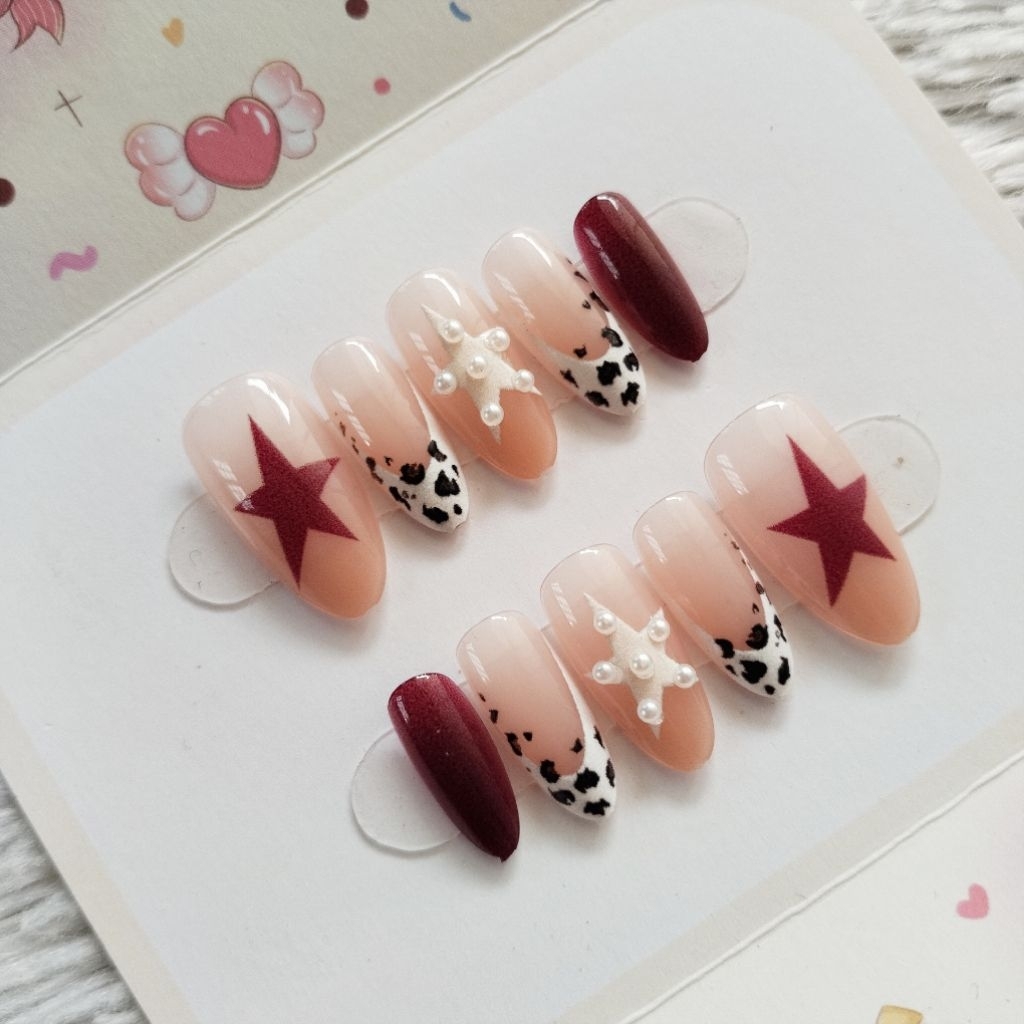 Kuku Palsu Press On Nails Fake Nails Almond Maroon Star 3d size Xs
