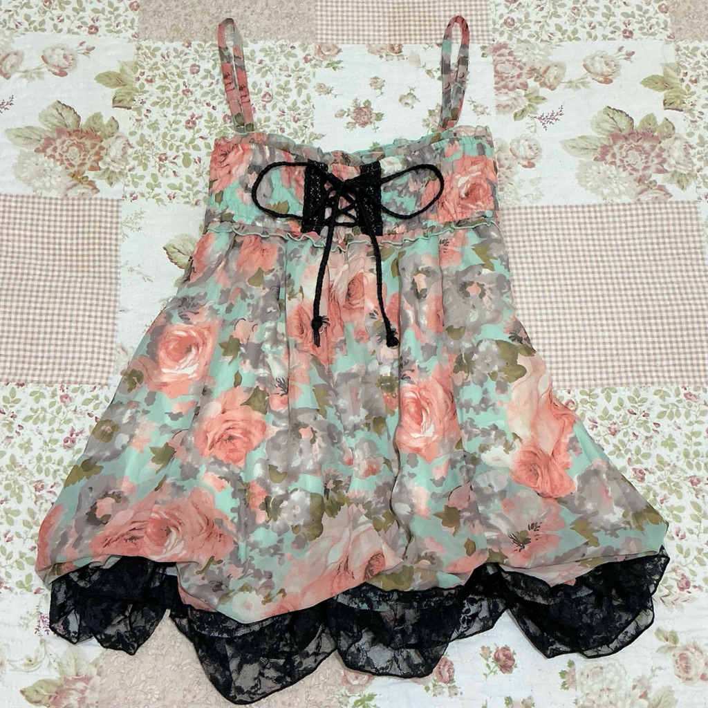 Sureve Floral Pumpkin Dress Vintage Coquette Cottagecore Y2K Grunge Gothic Goth 2000s Fairycore Hime