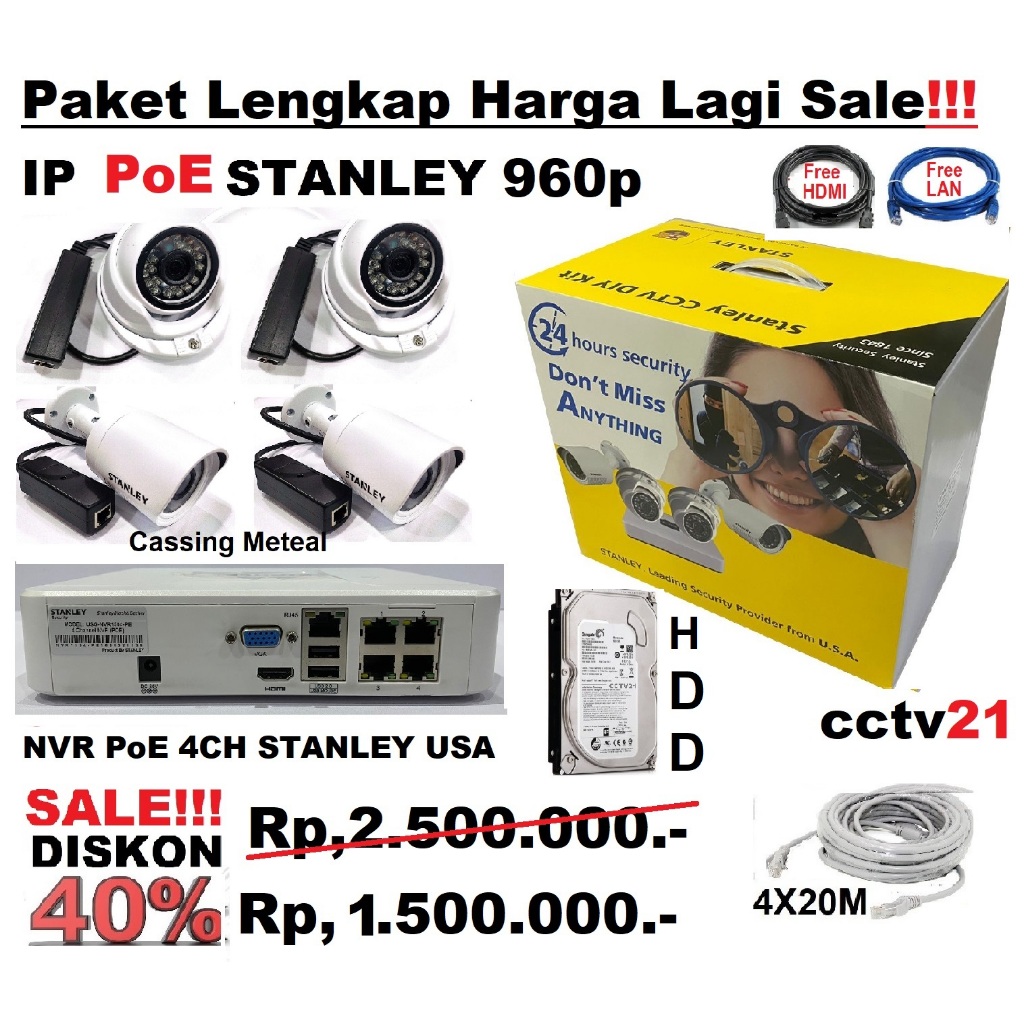 Paket Lengkap 4 CCTV IP Camera POE   STANLEY U.S.A.960p Kabel-80M+Harddisk 500GB Harga Promo cctv21
