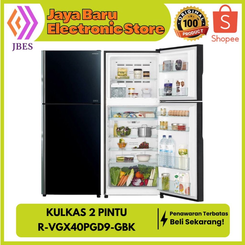 HITACHI R-VGX40PGD9-GBK KULKAS 2 PINTU 375 LITER DUAL FAN COOLING INVERTER - GLASS BLACK