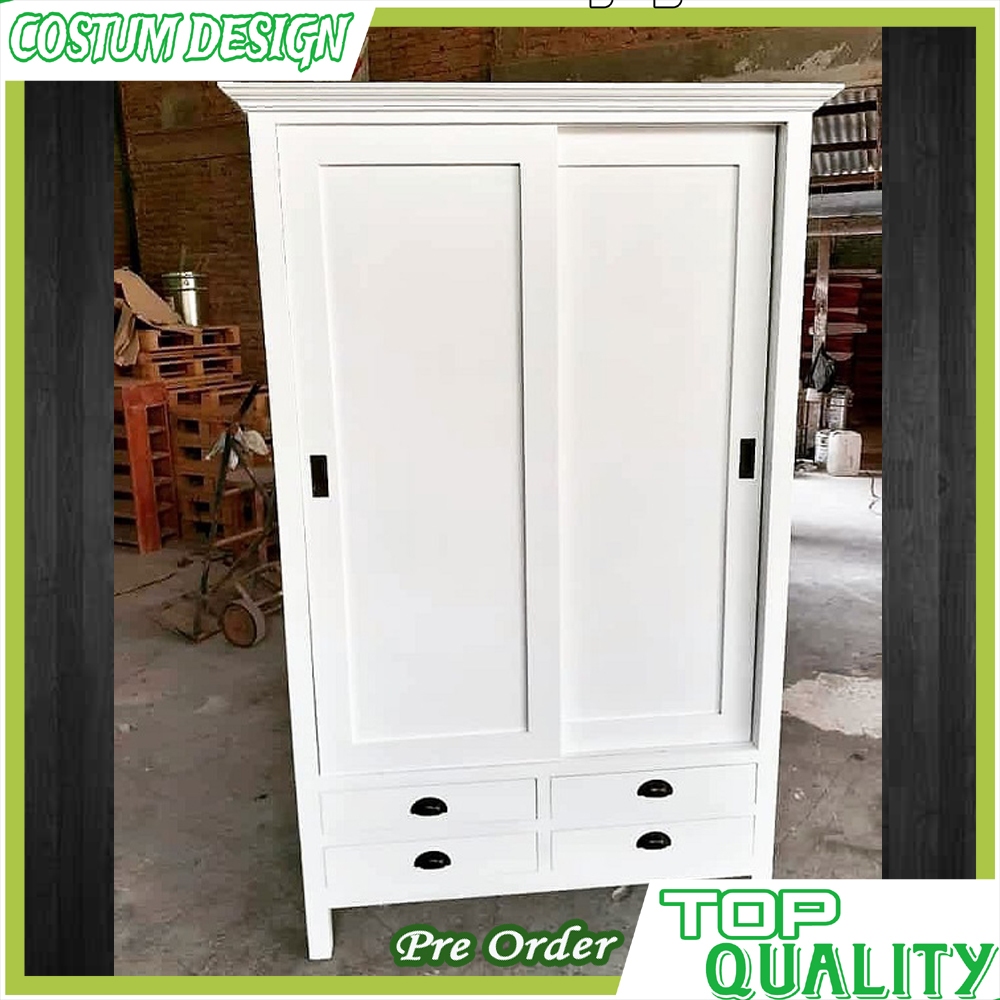 Almari Pakaian Minimalis Putih Dengan Pintu Geser Dan 4 Laci Desain Modern TOP QUALITY | Lemari Paka