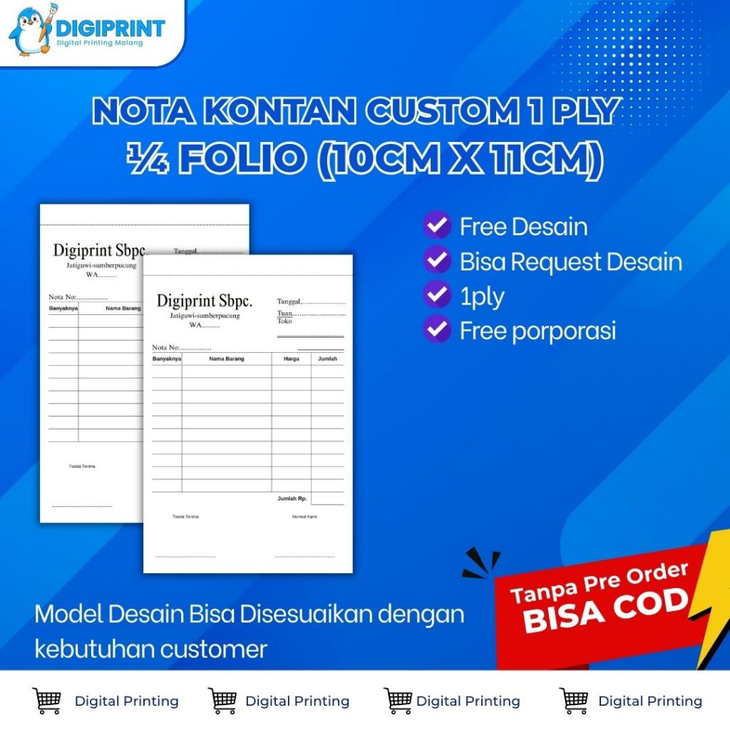 NOTA CUSTOM 1 PLY / KWITANSI / BON TOKO TANPA MINIMAL ORDER