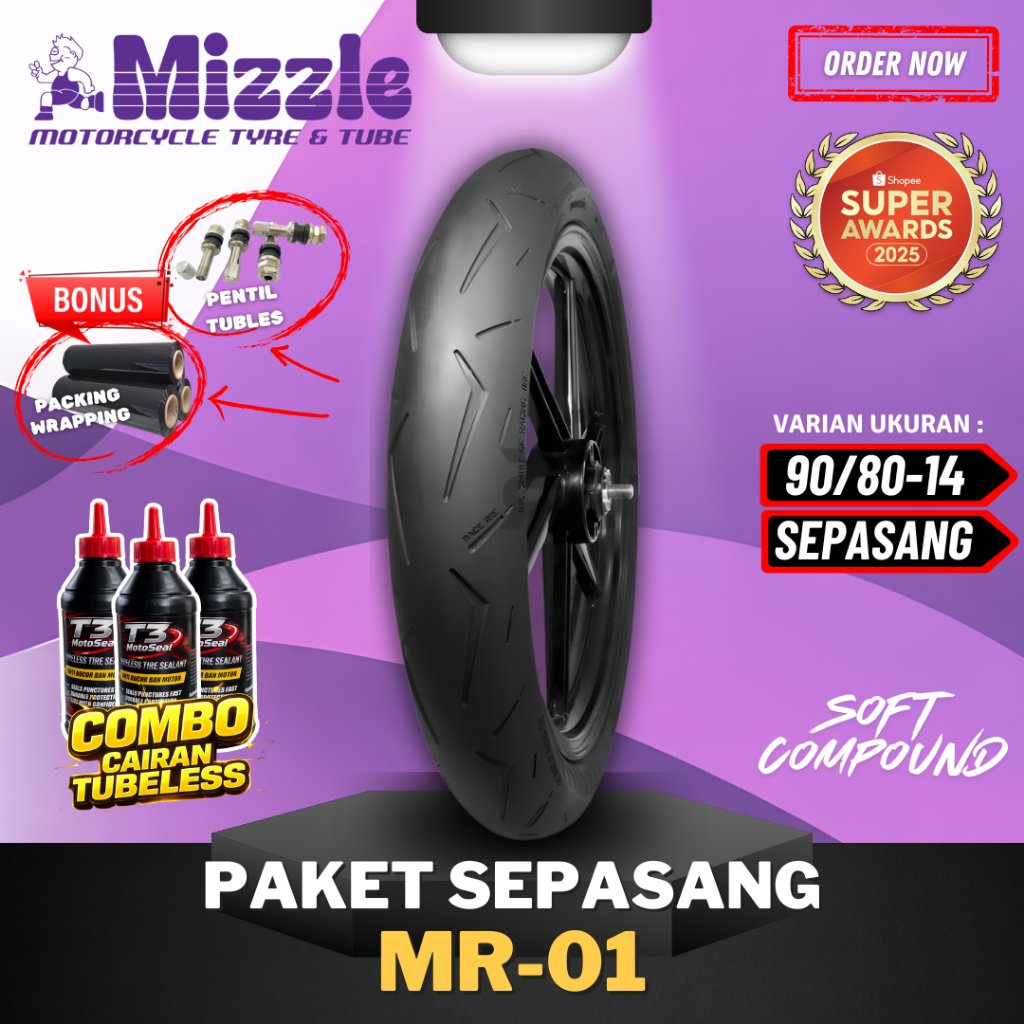 [PAKET SEPASANG] BAN MIZZLE MR 01 SOFT COMPOUND ( 90/80-14 ) SOFT COMPOUND RING 14 MR01 / BAN BALAP 