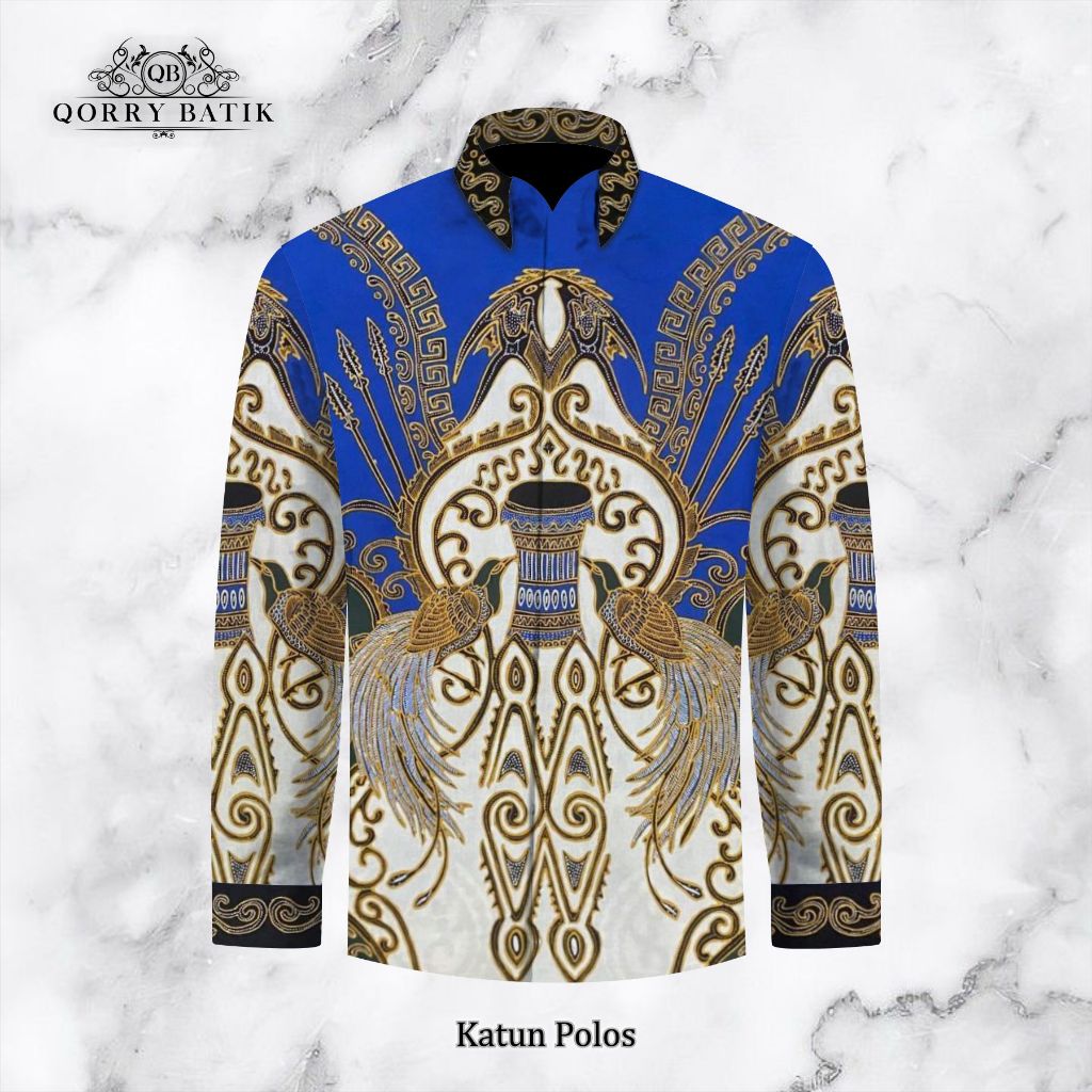KAIN KEMEJA BATIK TULIS KATUN POLOS motif CENDRAWASIH warna BIRU PUTIH