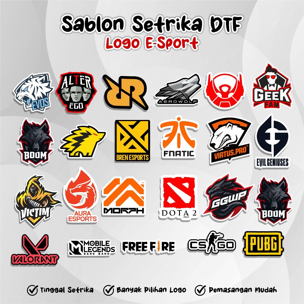 Sablon Setrika DTF Printing Logo Tim E-Sport Game Satuan Ukuran Logo E-Sport