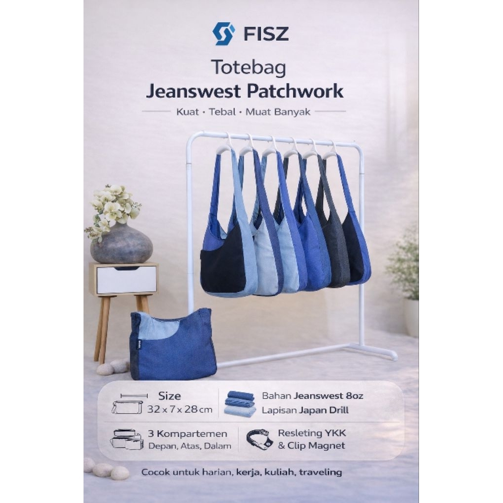 Totebag Jeans Patchwork FISZ Original | Tas Tote Tebal Kuat Muat Banyak | Bahan Jeanswest 8oz | Resl