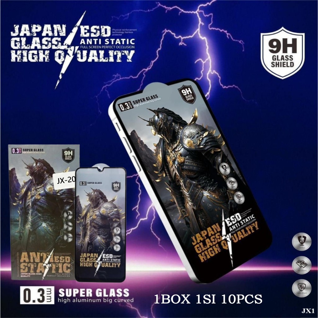 1 BOX ISI 10 PCS Tempered Glass JAPAN Full 0.3 JX-20 Persamaan/Universal High Quality Anti Static ES