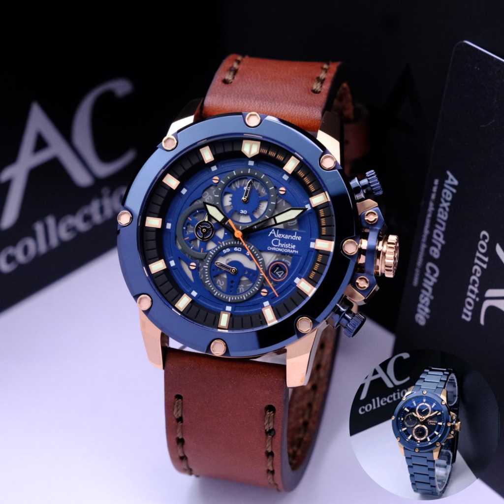 Jam tangan pria wanita alexandre christie ac 6564 chronograph analog stainless steel & leather origi