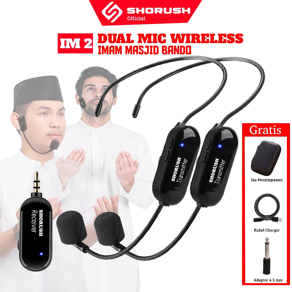 Shorush IM 2 Microphone Clip On Wireless Imam Masjid Dual Bando Headset Mic Meeting Pidato Pencerama