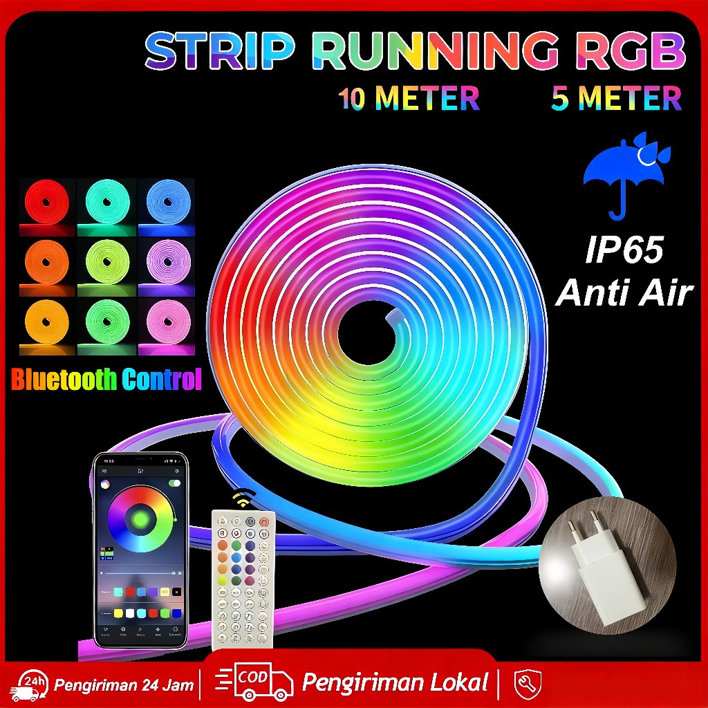 Lampu Neon Flex RGB Running LED 5M 10M Lampu hias Natal METER DC 12V/24V Lampu Warna Warni LED Runni