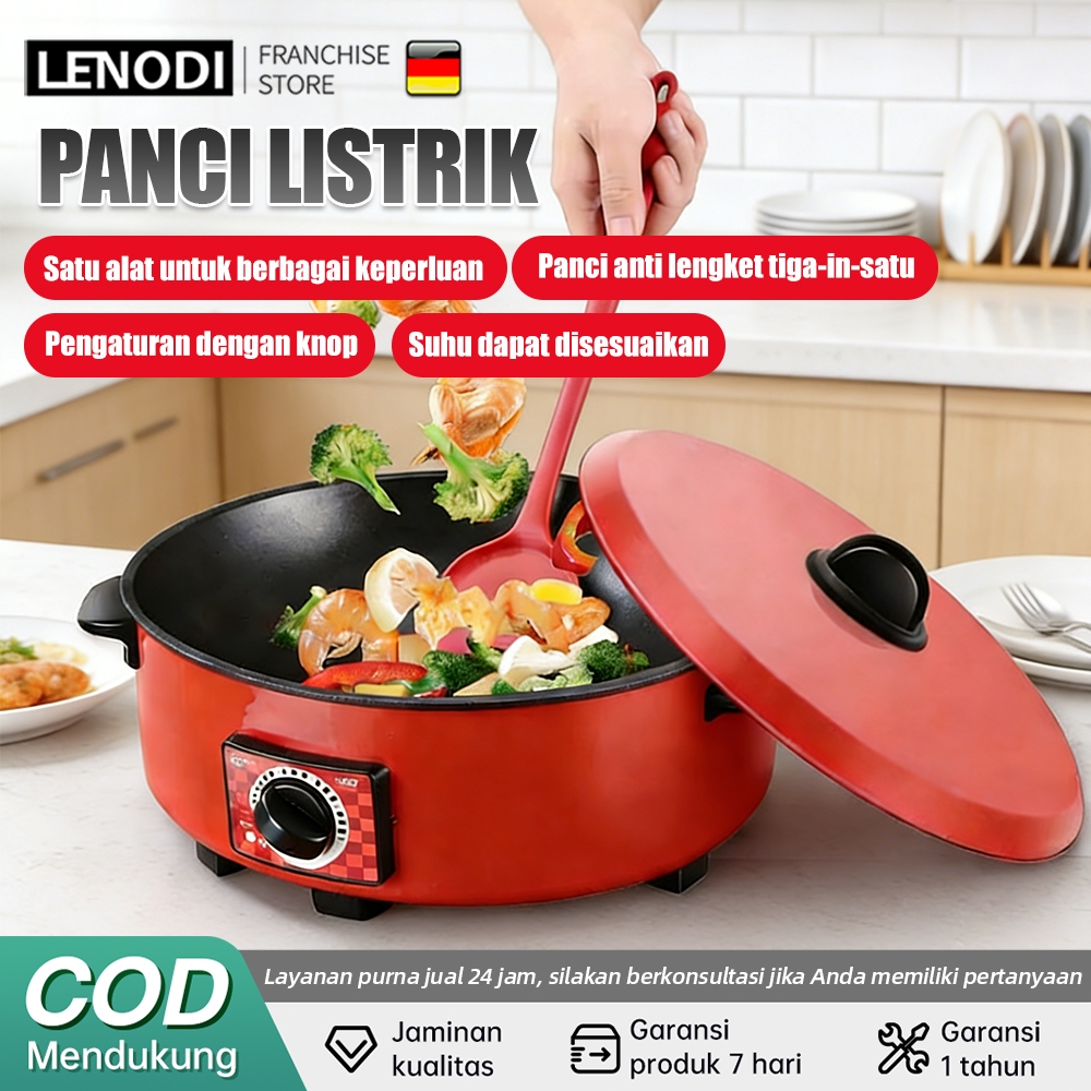 Wajan Enamel Multifungsi Teflon Besar 12 Inch Fry Pan Elektrik Anti Lengket 5L Panci Listrik Serbagu