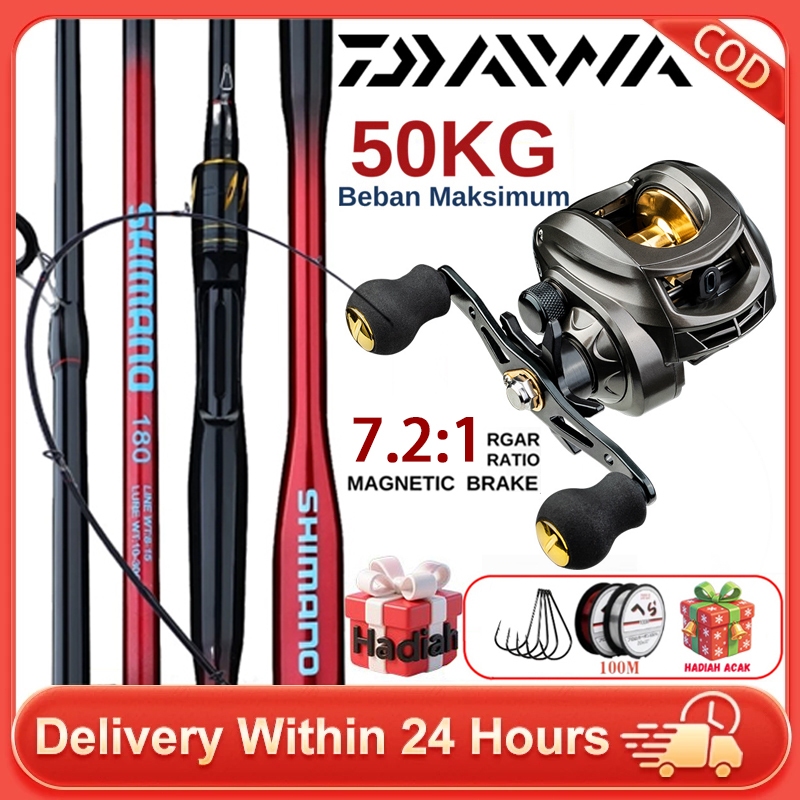 DAIWA Joran Pancing Baitcasting 1.6M-2.1M 2 Bagian Set Combo Baitcasting Reel 7.2:1 Magnetic Brake L