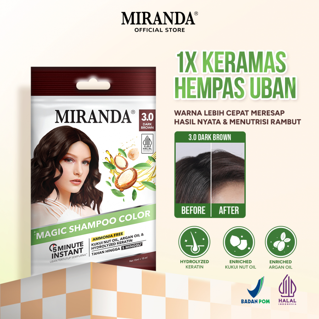 Miranda Magic Shampoo Color Sachet Dark Brown 30ml / Pewarna Instan Coklat Rambut Uban