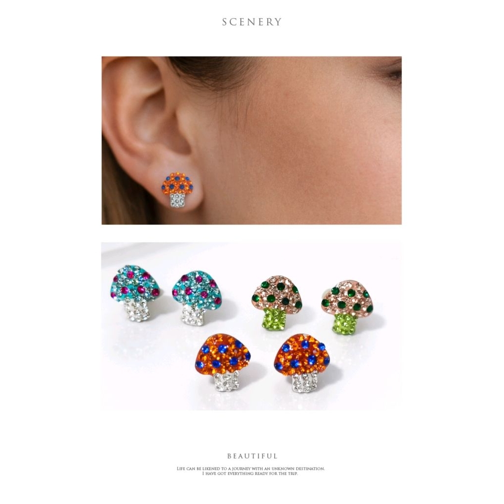 Anting Jamur bahan Perak S925 crystal Swarovsky Asli/Anting jamur Silver S925 asli