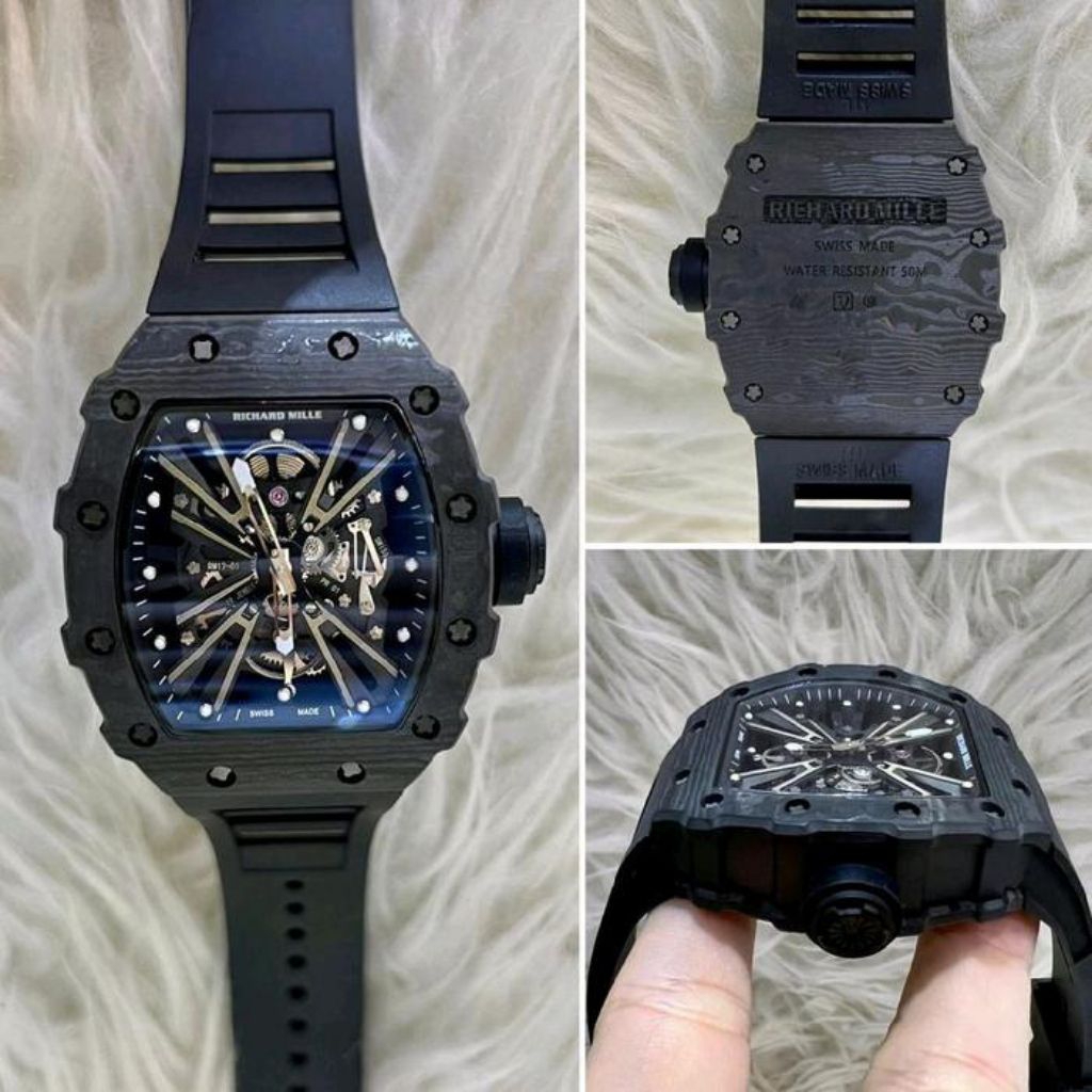 SPESIAL RM JAM TANGAN RM12-01 CARBON BLACK SWISS MATIC DM 43MM STRAP RUBBER FULL BLACK