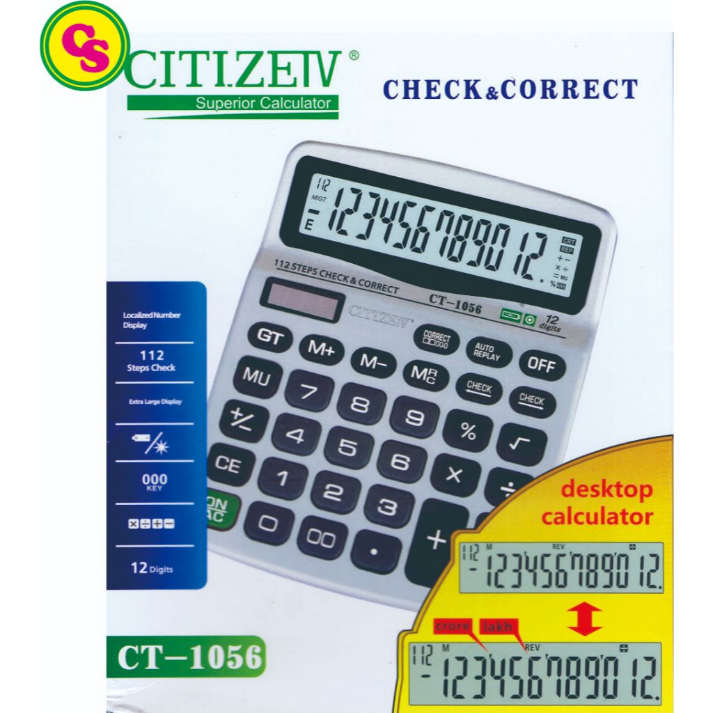 Kalkulator CITIZEN CT-1056 12 digit Warna Menarik SILVER KILAT Original Solar Baterai dengan fungsi 