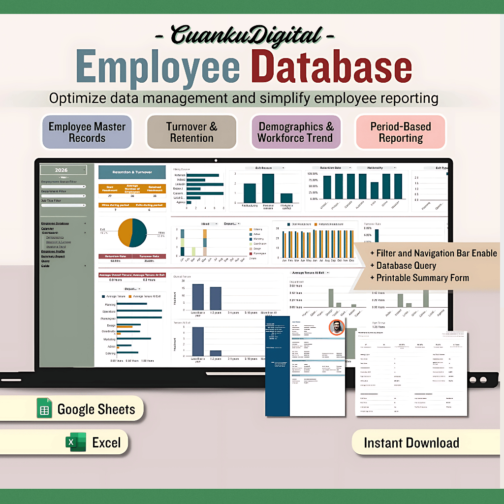 Template Database Karyawan Excel & Google Sheets | HR Management Dashboard Otomatis SDM HRD