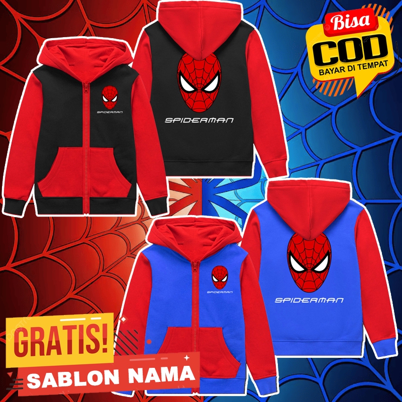 Jaket Sweater Anak Karakter Spiderman / Jaket Resleting Kostum Superhero Spiderman Usia 4 - 10 tahun