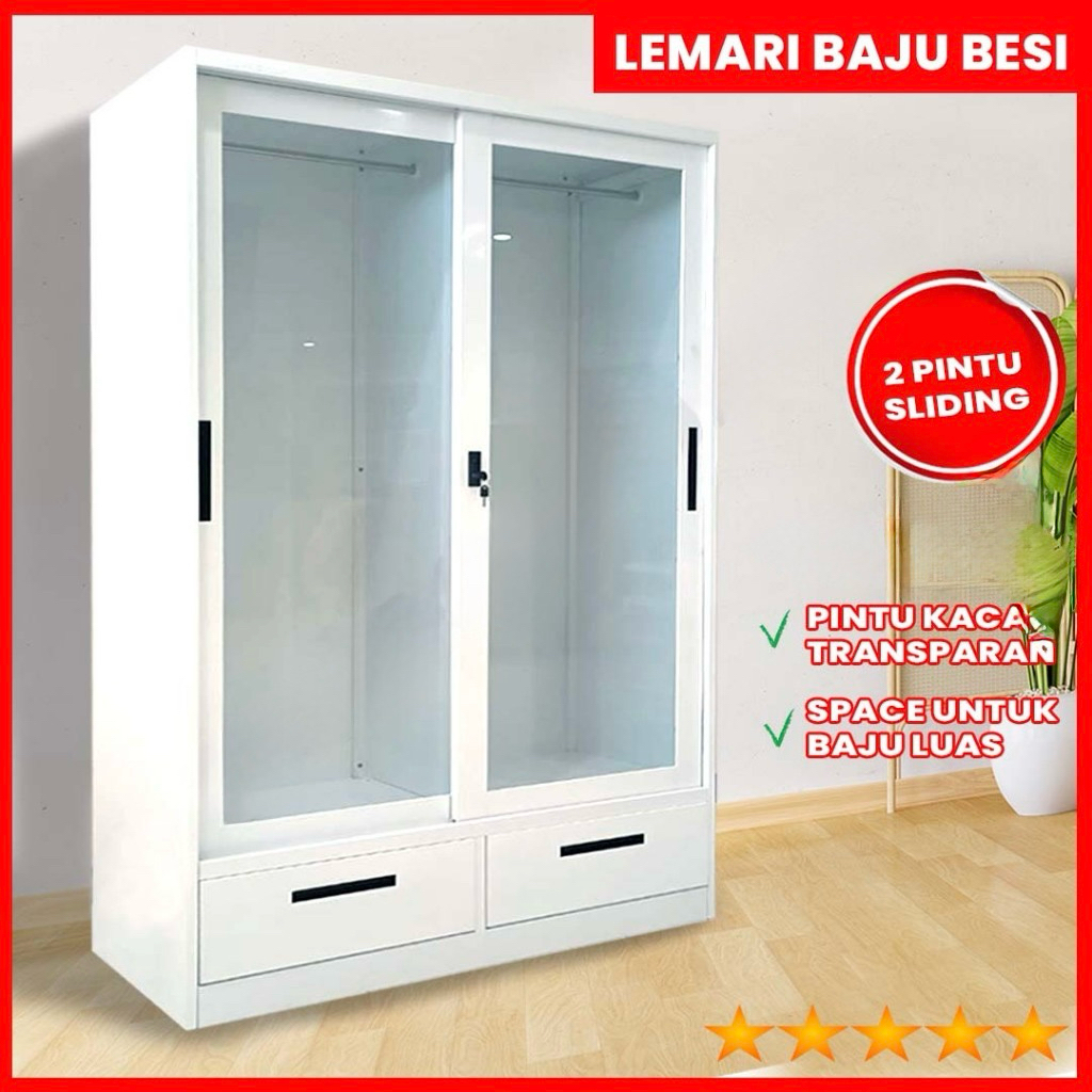 Lemari Gantungan Gamis / Lemari 2 Pintu Plat Besi Sliding Full Kaca / Lemari Full Gantungan / Lemari