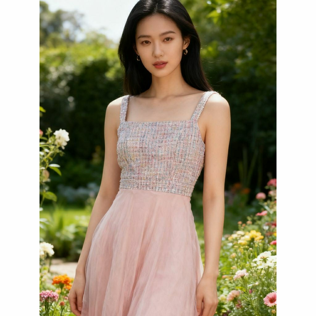 TWEED PINK OVERALL MIDI DRESS TILE KOREA