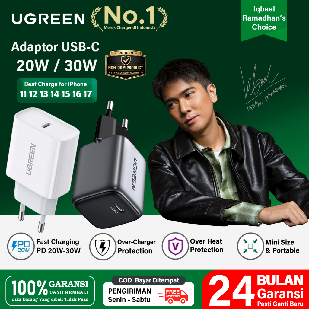 UGREEN Kepala Charger iPhone Mfi Type C Fast Charging 20w 30w