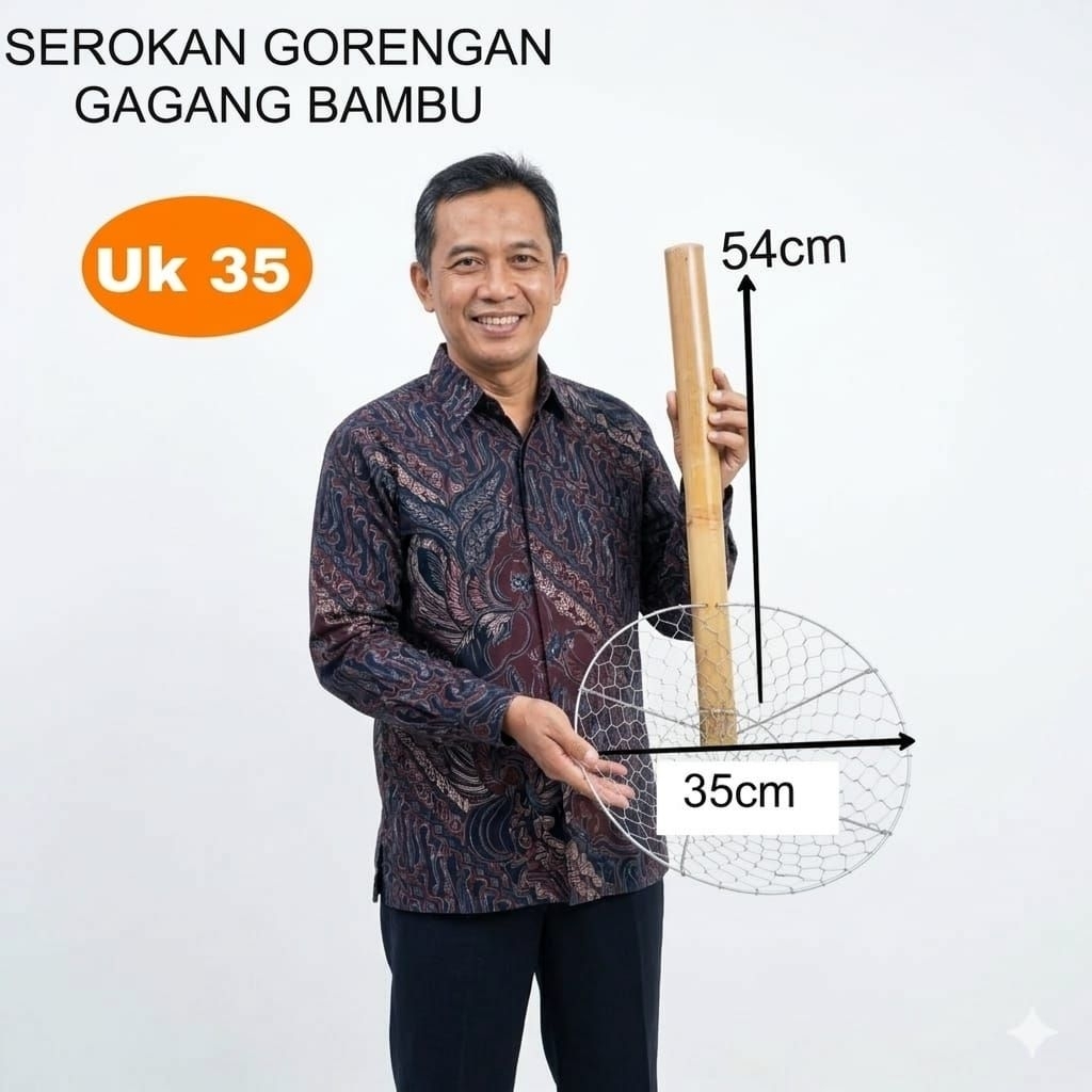 Serok Saringan Minyak / Serokan Gorengan Jumbo Gagang Bambu ukuran 35