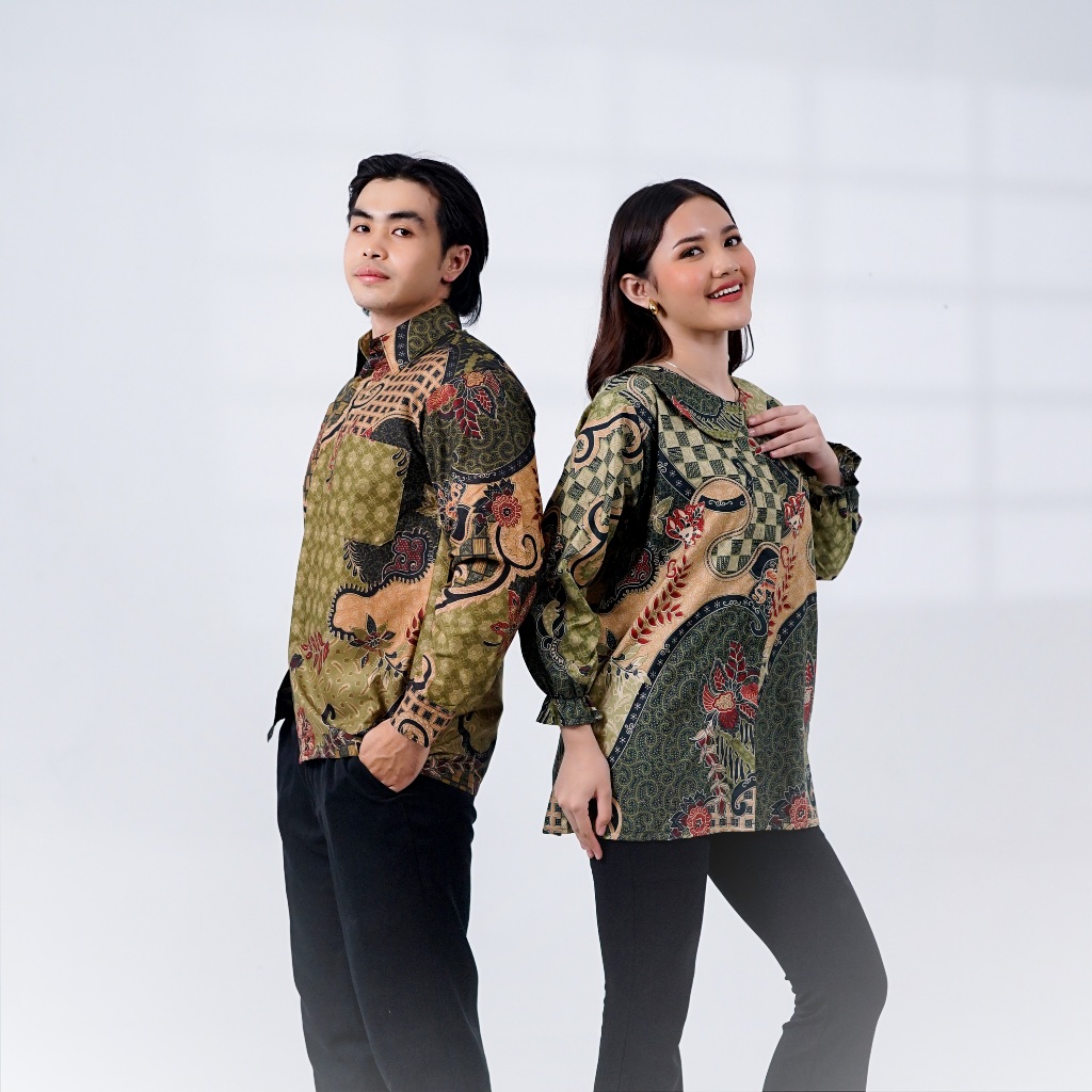 BATIK TRUSMI Set Couple Pasangan Batik Motif Lumut Hijau Cocok Untuk Seragaman