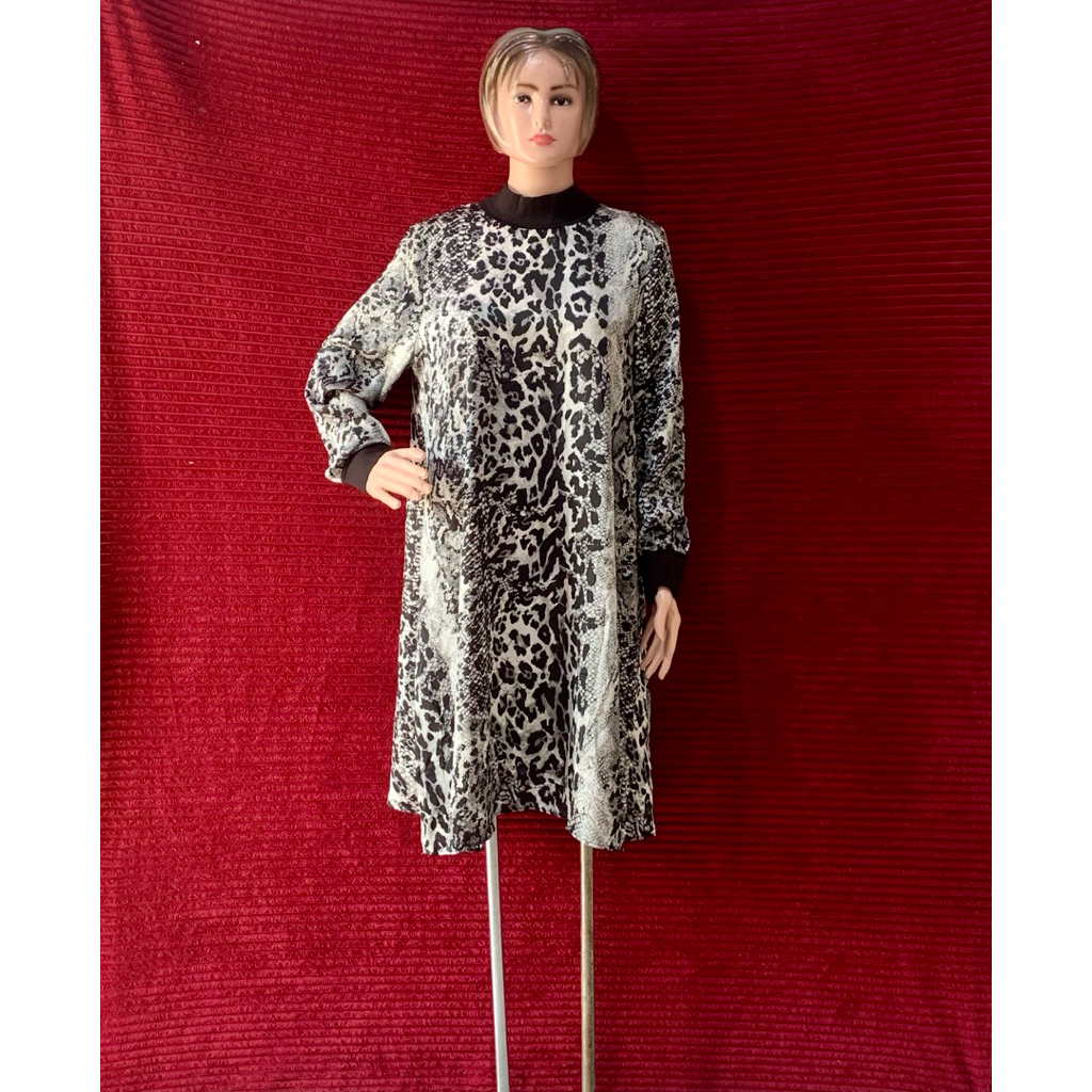 DRESS TUNIK KEMEJA WANITA FASHIONABLE HITAM MOTIF MACAN LENGAN PANJANG