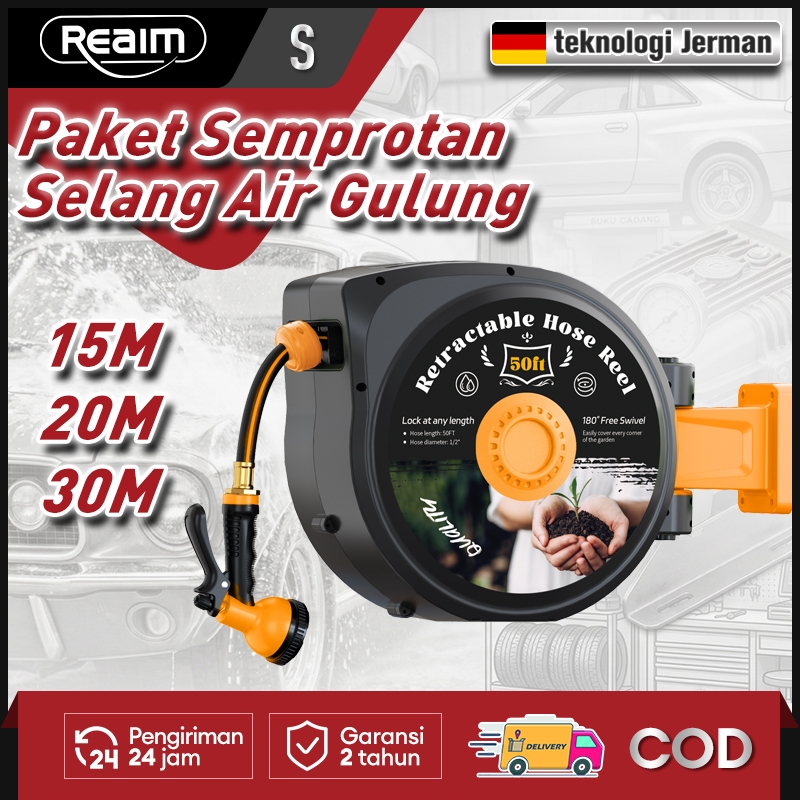REAIM Selang Air Gulung Otomatis Auto Rewind 25M jet cleaner Melindungi cat mobil Tempel Dinding Jet