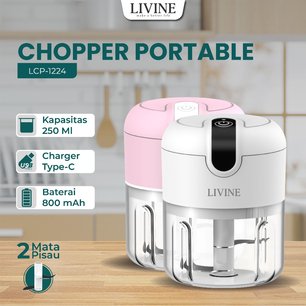 LIVINE Mini Chopper Blender 2 Mata Pisau 250ML Portable Blender Dapur Elektrik Serbaguna LCP-1224