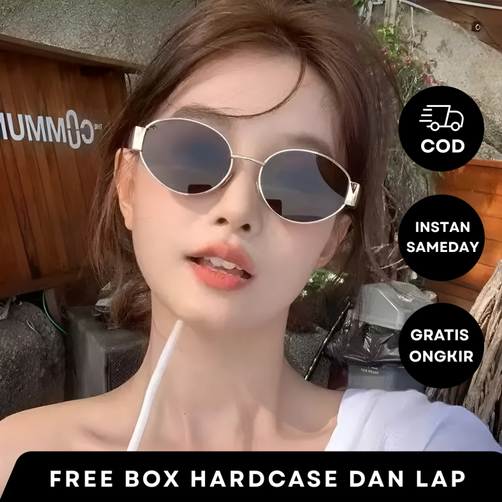 Kacamata Hitam Fashion Retro Frame Besi Elliptical Bingkai Kecil Kacamata Hitam Logam Kacamata Wanit