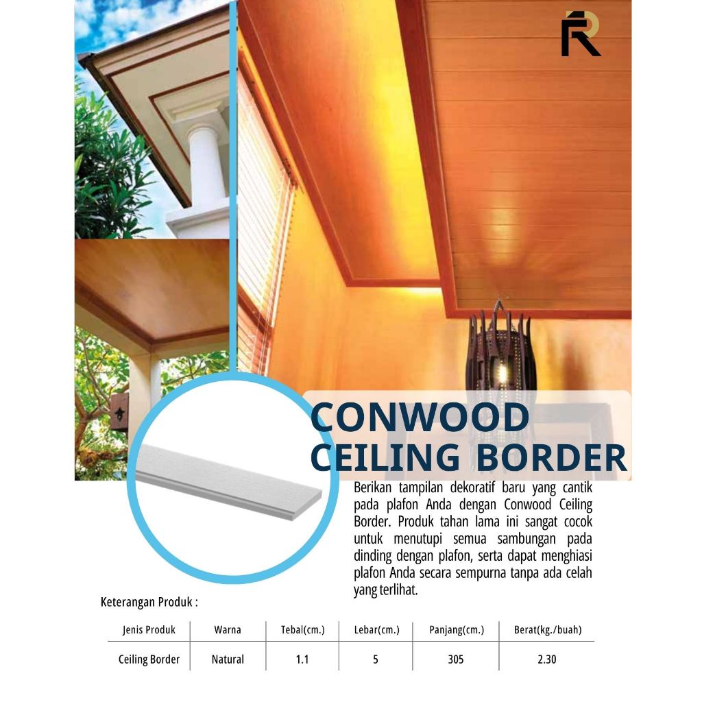 Conwood Ceiling Border 50 x 3050 x 11 mm | Lis Plafon Motif Kayu Fiber Cement | Finishing Plafon Rap