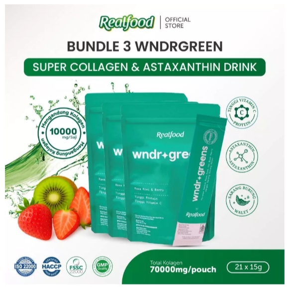 Realfood WNDRGREENS Triple Pouch Super 10,000mg Collagen Bird’s Nest Drink I Minuman Collagen dengan