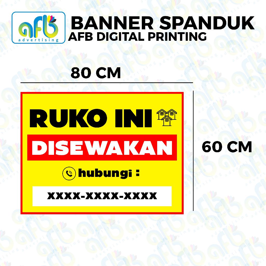 AFB PRINTING - Banner Spanduk Properti tulisan (RUKO INI DISEWAKAN), Ukuran 80x60, ukuran100x80, uku