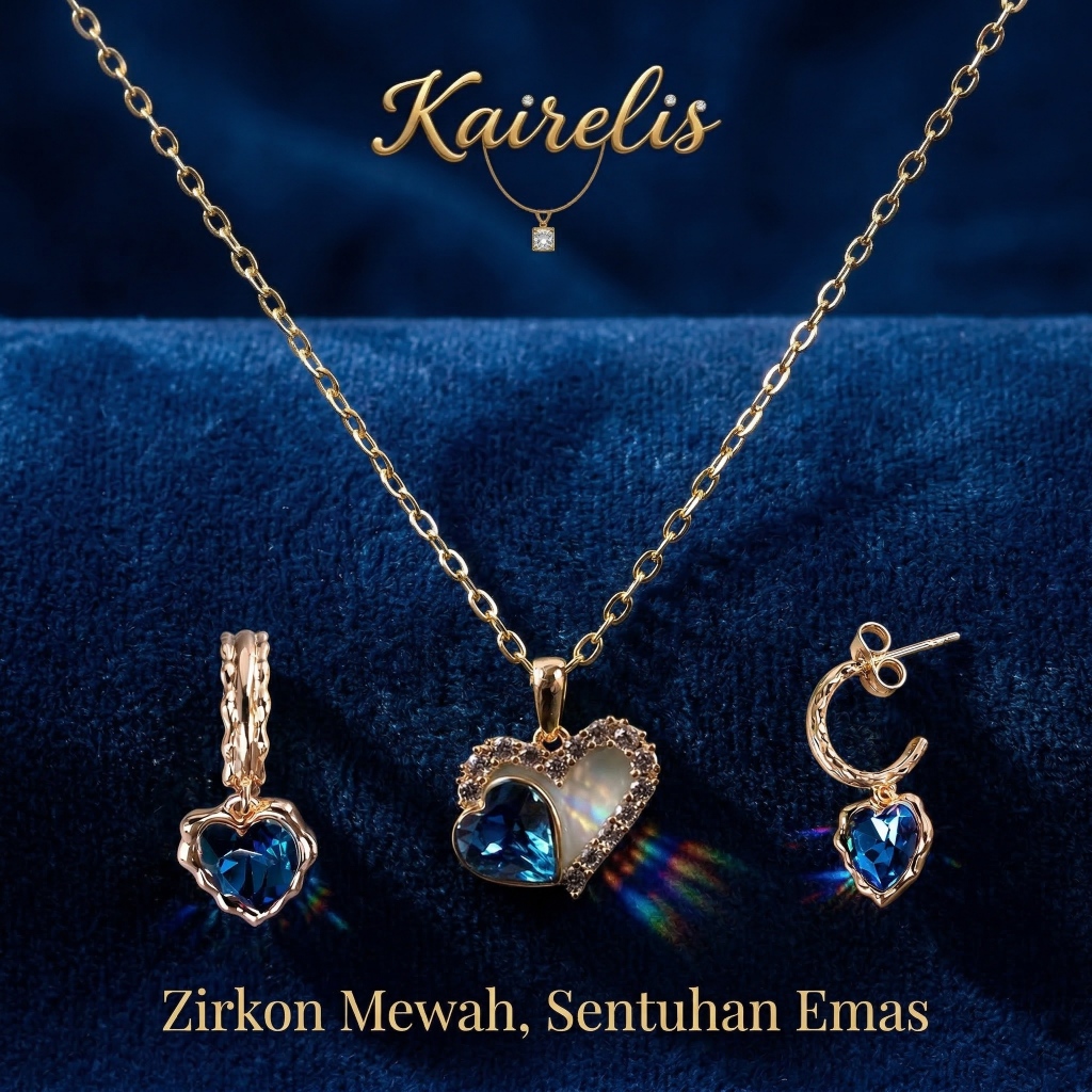 KAIRELIS Perhiasan Crystal Swarovski Royal Blue Heart Crystal Set | Set Kalung & Anting Kristal Hati
